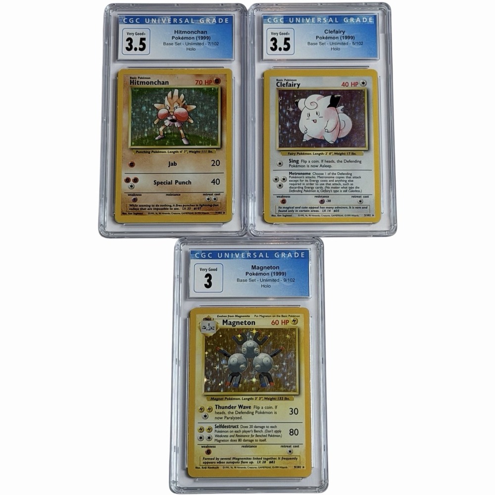 Hitmonchan, Clefairy CGC 3.5 Magneton CGC 3 Holo 1999 Base Set Unlimited Pokémon